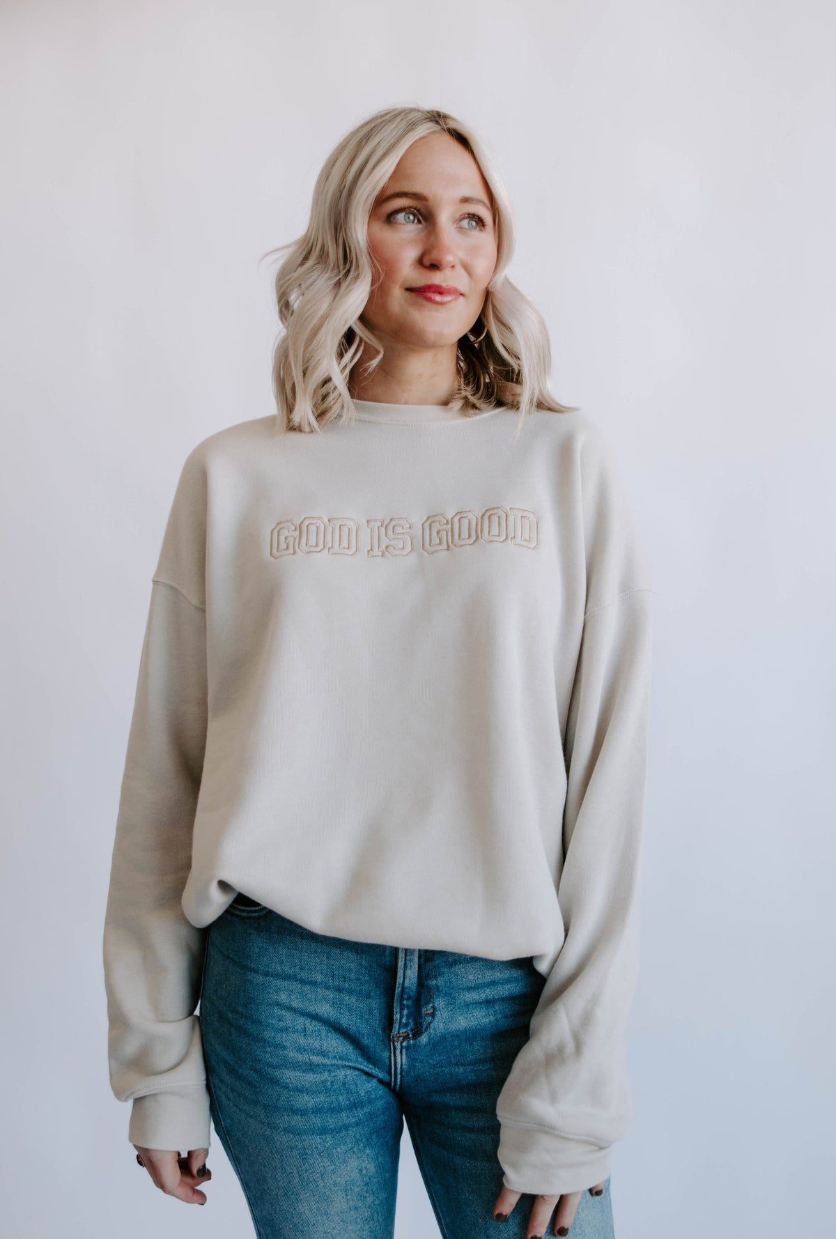 God is Good Embroidered Crewneck -  Heather Dust