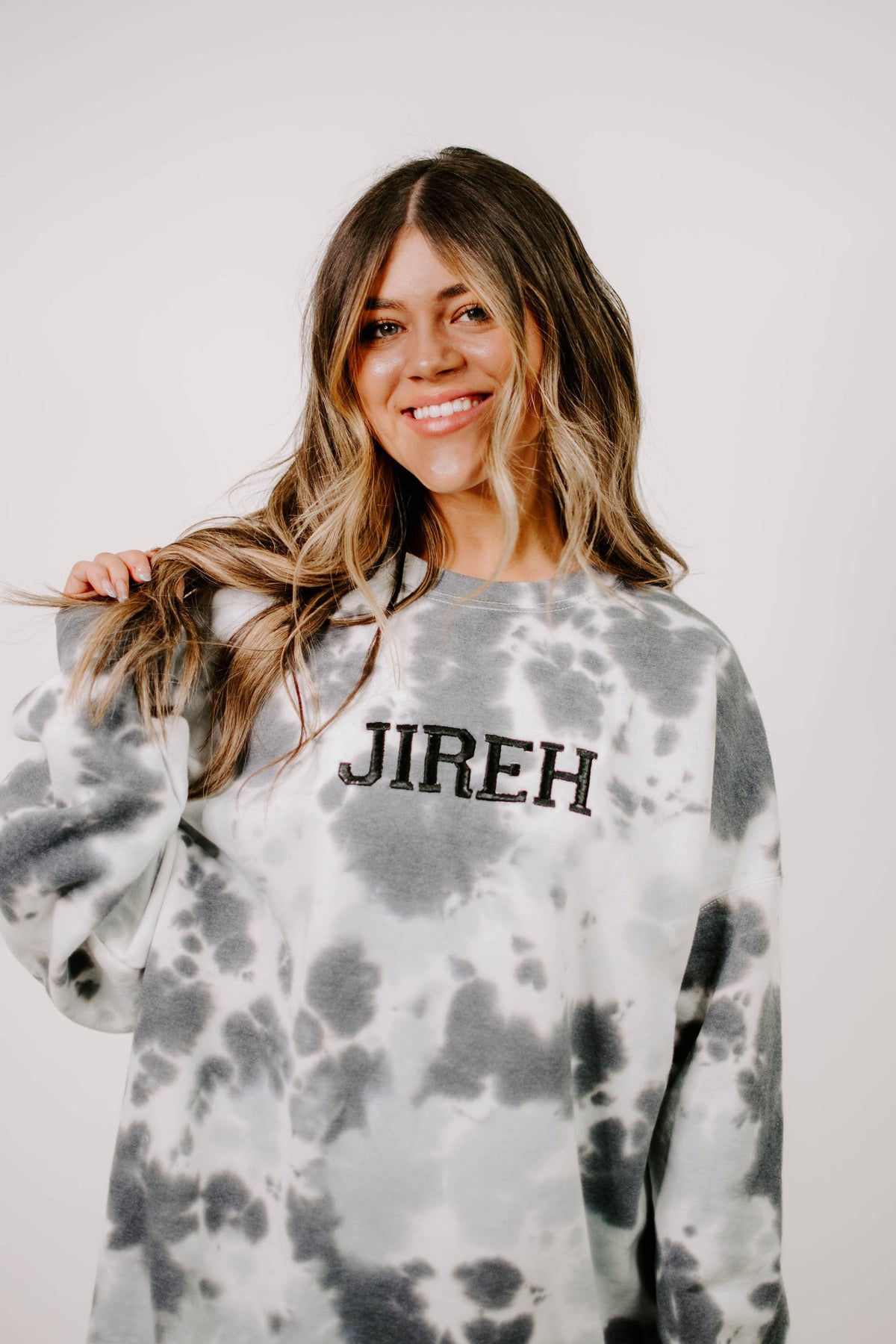 Jireh Embroidered Crewneck - Black and Grey Tie Dye